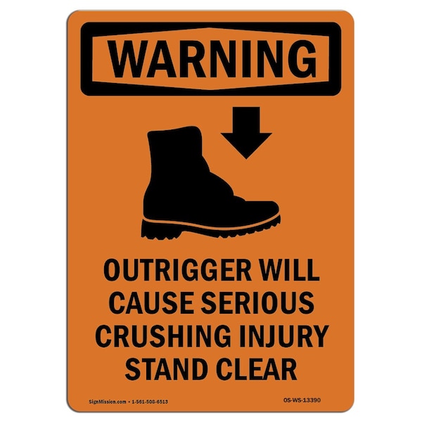 OSHA WARNING Sign, Outrigger Will Cause W/ Symbol, 14in X 10in Aluminum, 10" W, 14" L, Portrait